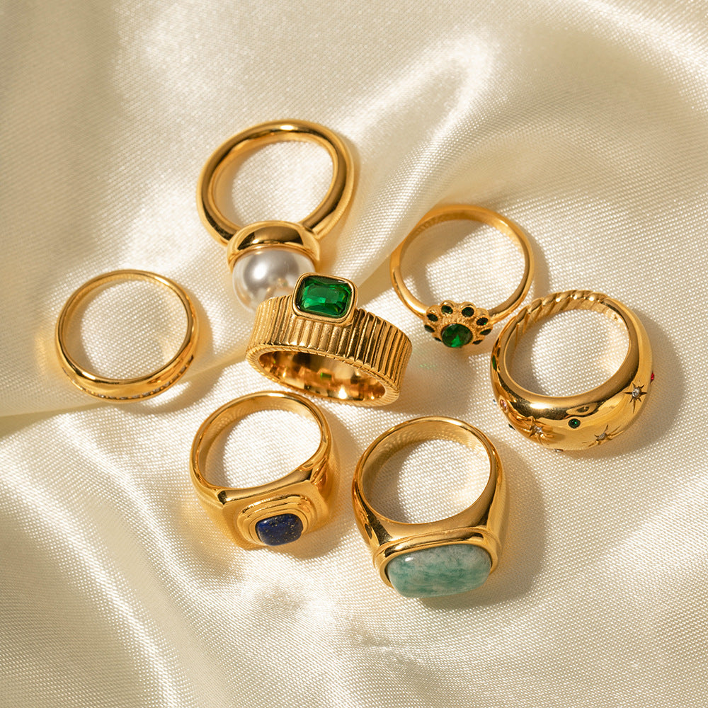 18k Gold Tone Ring Set - Emerald/Sapphire/Pearl/Star Designs | INS-Style Stackable Daily/Brunch Finger Jewelry for Women