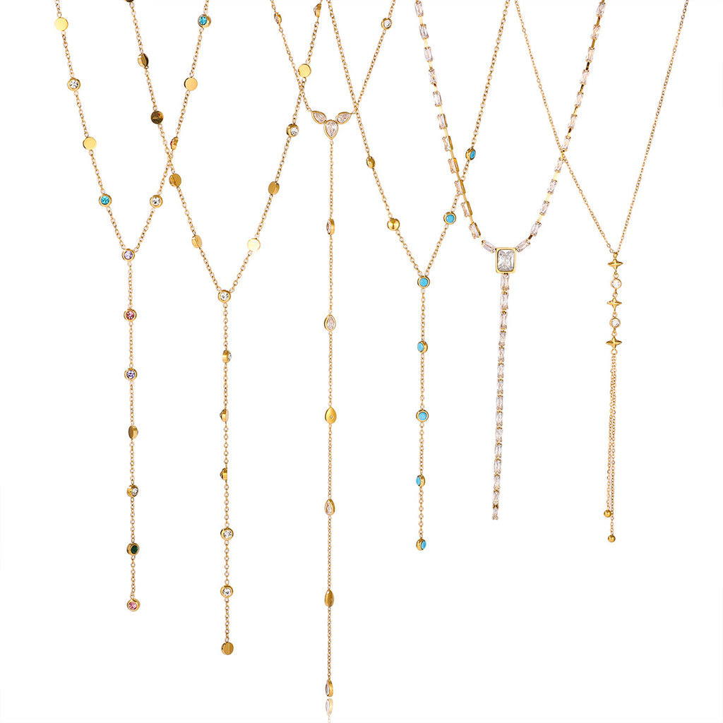 Gold Lariat Necklace Set - Multi-Style Gem/Star/Crystal Accents | INS-Style 18k Gold Tone Daily/Brunch Neck Jewelry for Women