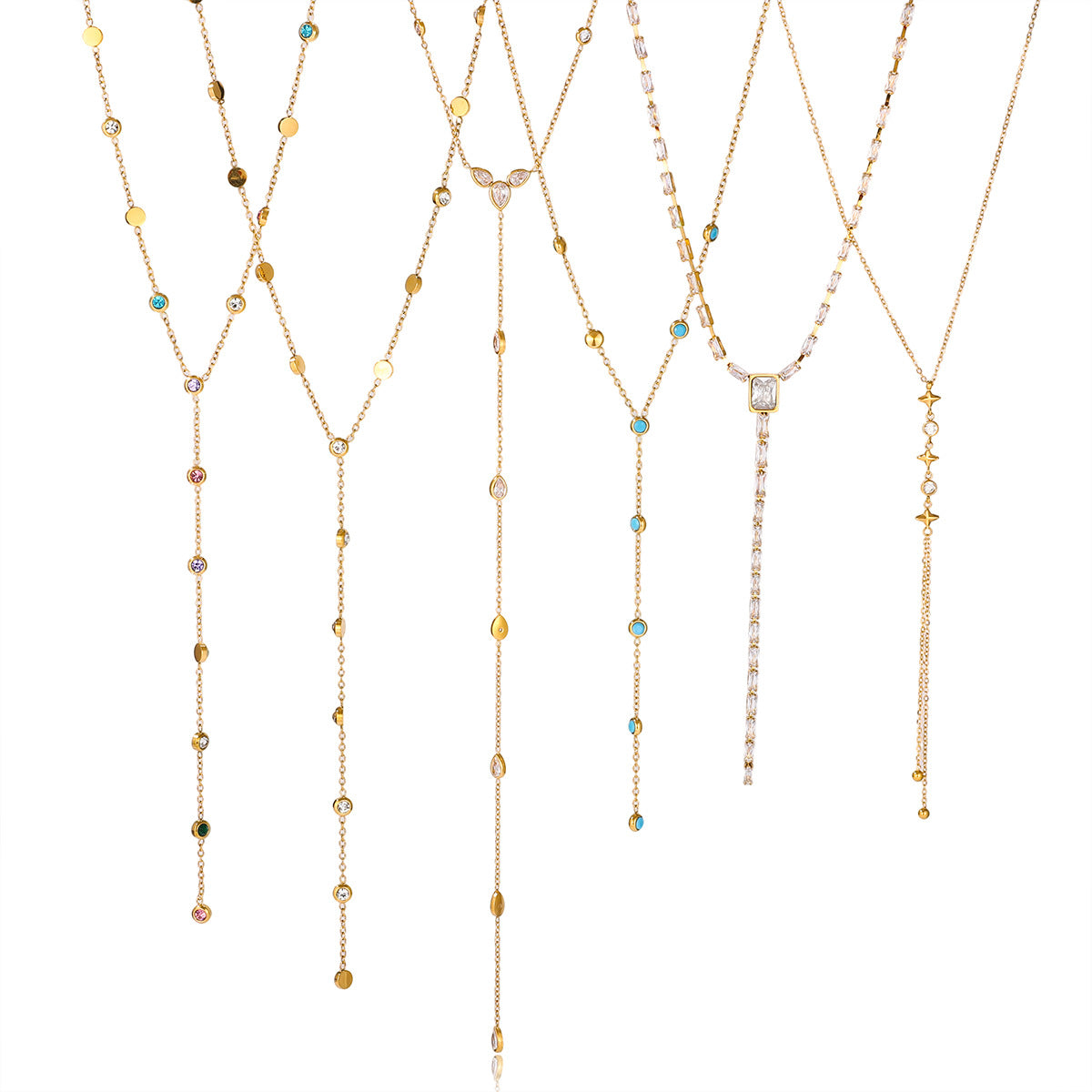Gold Lariat Necklace Set - Multi-Style Gem/Star/Crystal Accents | INS-Style 18k Gold Tone Daily/Brunch Neck Jewelry for Women