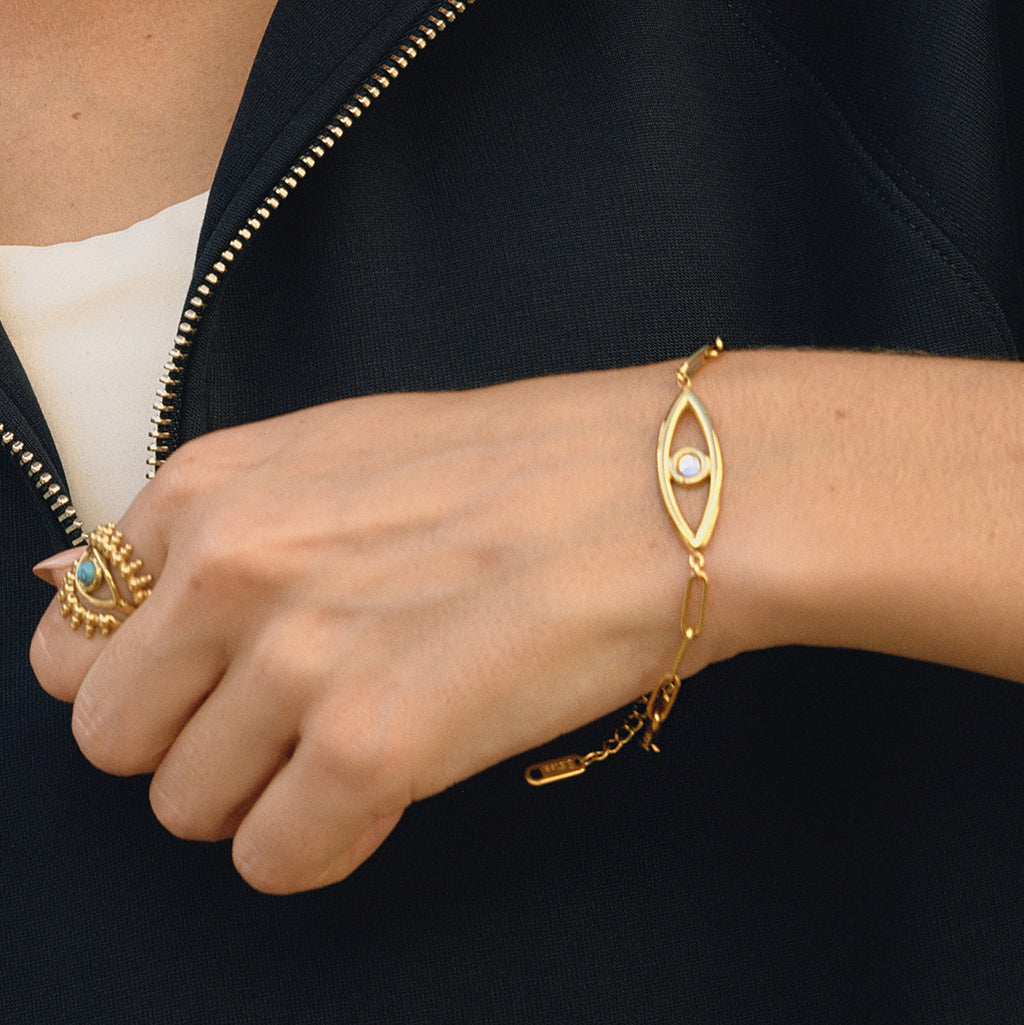 Gold Evil Eye Turquoise Jewelry Set - Layered Bracelets (Chain/Cuff) & Statement Ring | Boho Chic Statement Accessories for Women