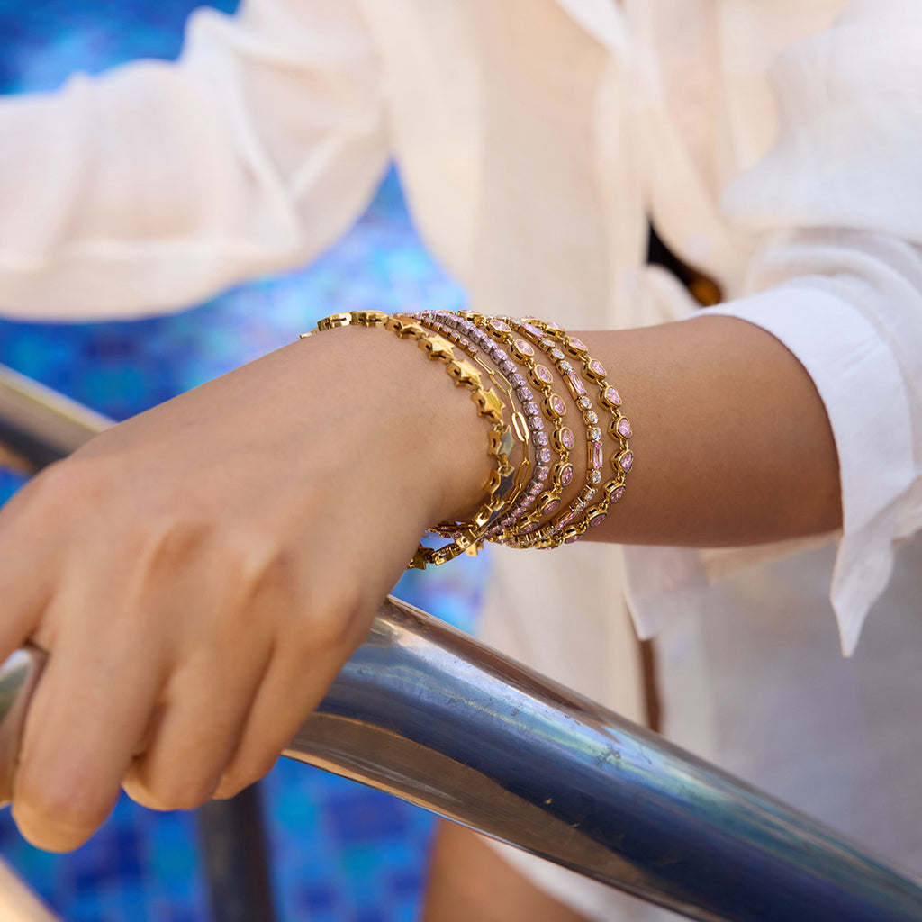 18k Gold Tone Bracelet Set - Star/Pink Crystal/Heart Designs | INS-Style Stackable Daily/Brunch Wrist Jewelry for Women