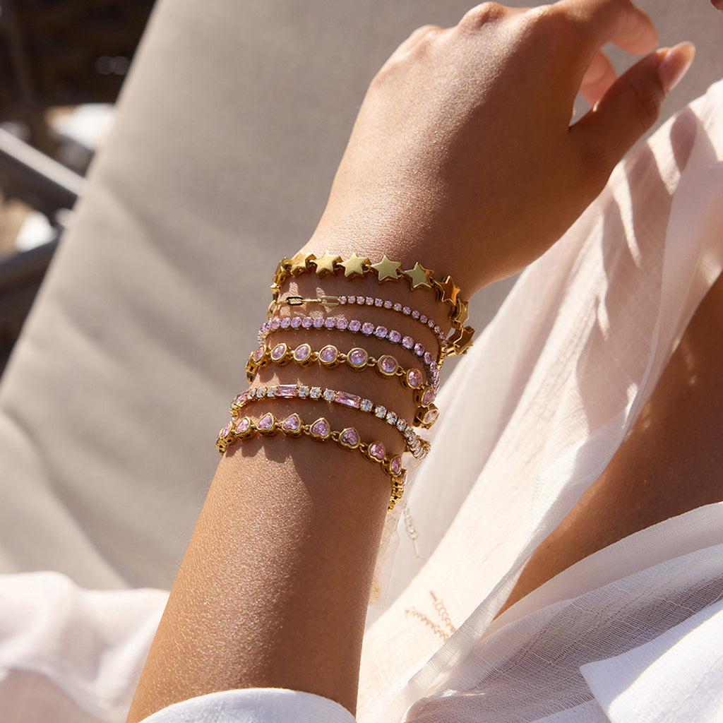 18k Gold Tone Bracelet Set - Star/Pink Crystal/Heart Designs | INS-Style Stackable Daily/Brunch Wrist Jewelry for Women