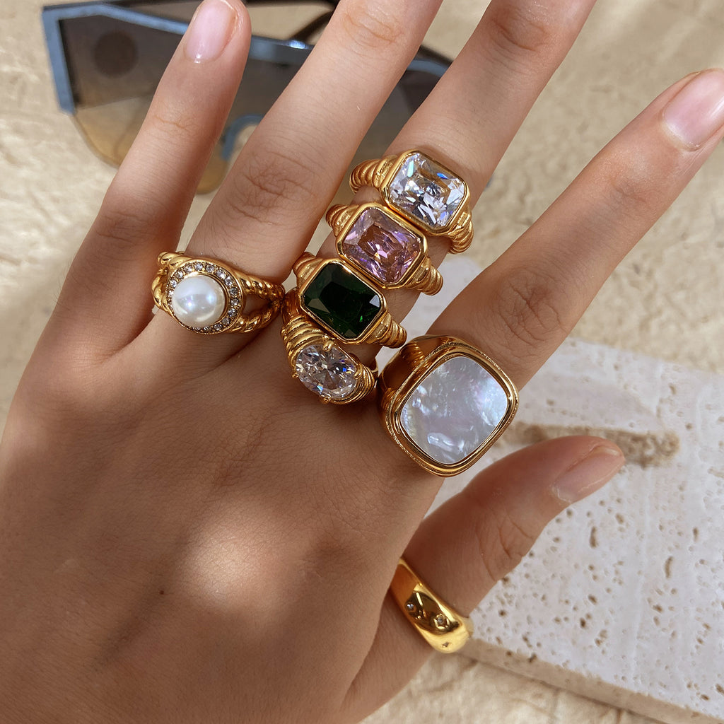18k Gold Tone Ring Set - Emerald/Sapphire/Pearl/Star Designs | INS-Style Stackable Daily/Brunch Finger Jewelry for Women