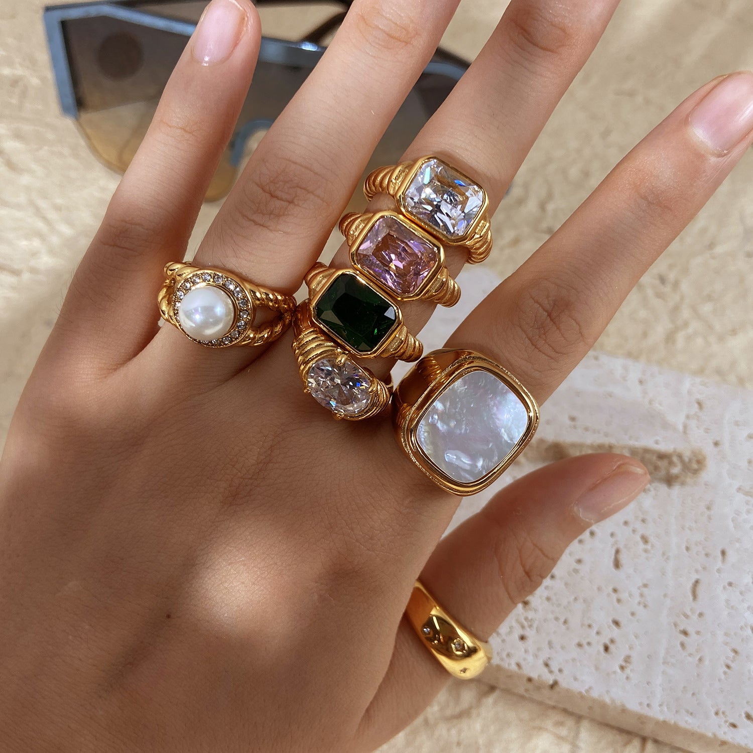 18k Gold Tone Ring Set - Emerald/Sapphire/Pearl/Star Designs | INS-Style Stackable Daily/Brunch Finger Jewelry for Women
