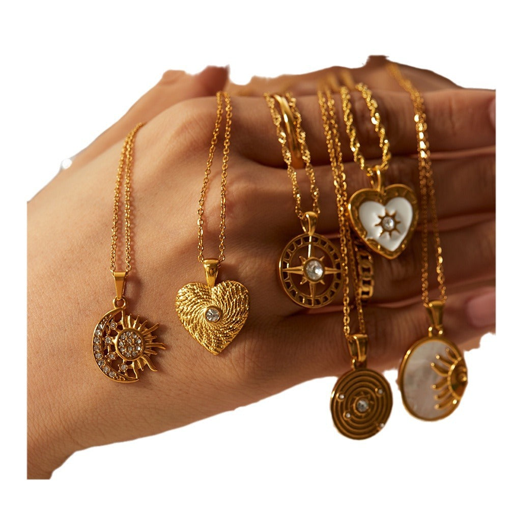 18K Gold-Plated Celestial & Heart Pendant Necklaces Set | Mother-of-Pearl & Crystal-Accented Retro Mystic Jewelry | INS-Style Layered Dainty Necklaces for Women | Versatile Daily Wear & Party Layering Accessories