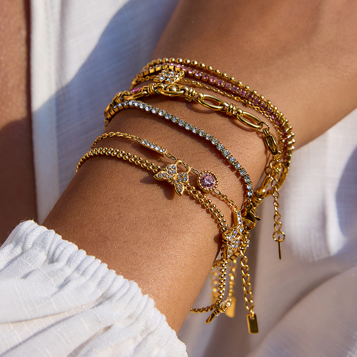 Gold Multi-Layer Bracelet Set - Pink Gem & Butterfly Charm, Sparkly Rhinestone Accents | Glam Statement Wrist Stack for Women (Daily/Party/Casual Wear)