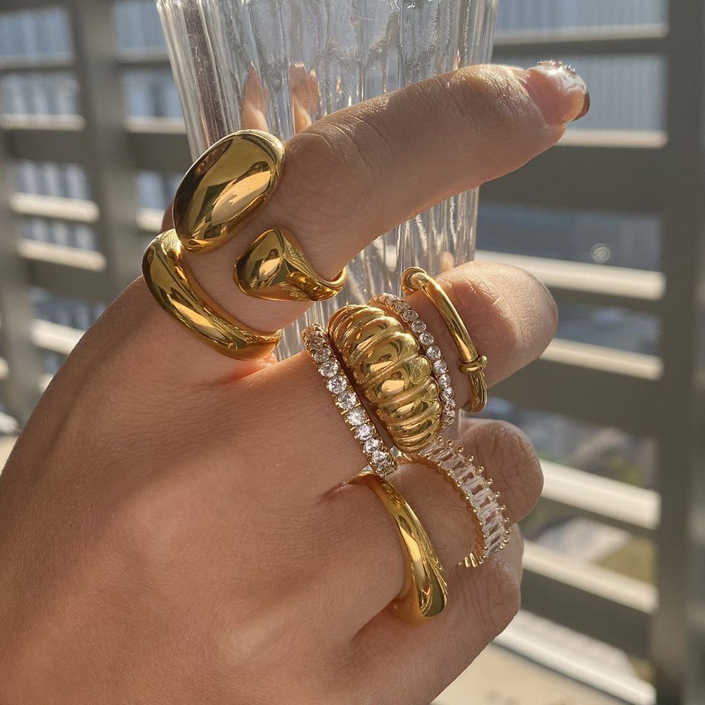 Chunky Gold Ring Set - Stackable Statement Rings with Textured & Crystal-Embellished Designs for Women