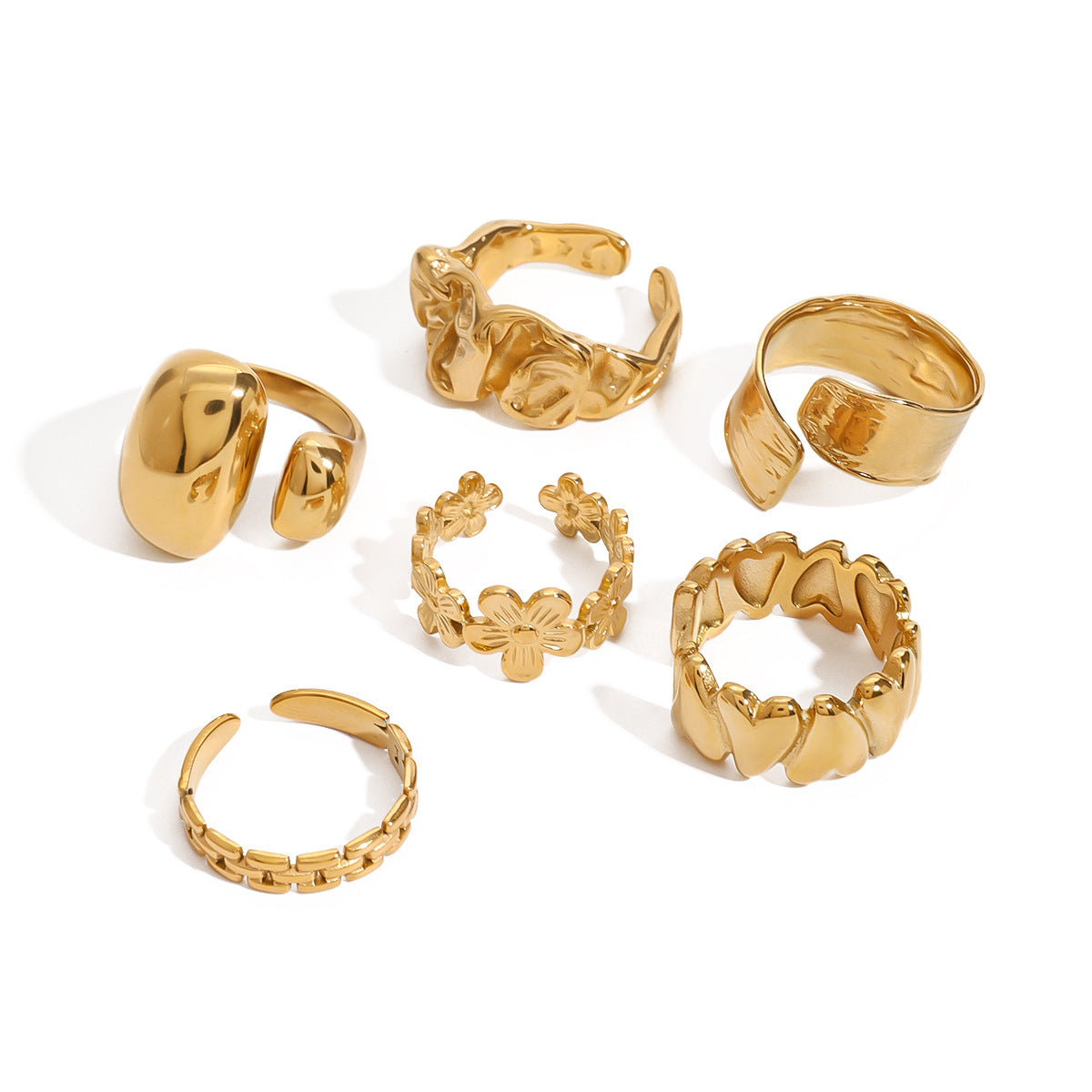 18k Gold Tone Stackable Ring Set - Floral/Irregular/Chain Designs | INS-Style Daily/Brunch Finger Jewelry for Women