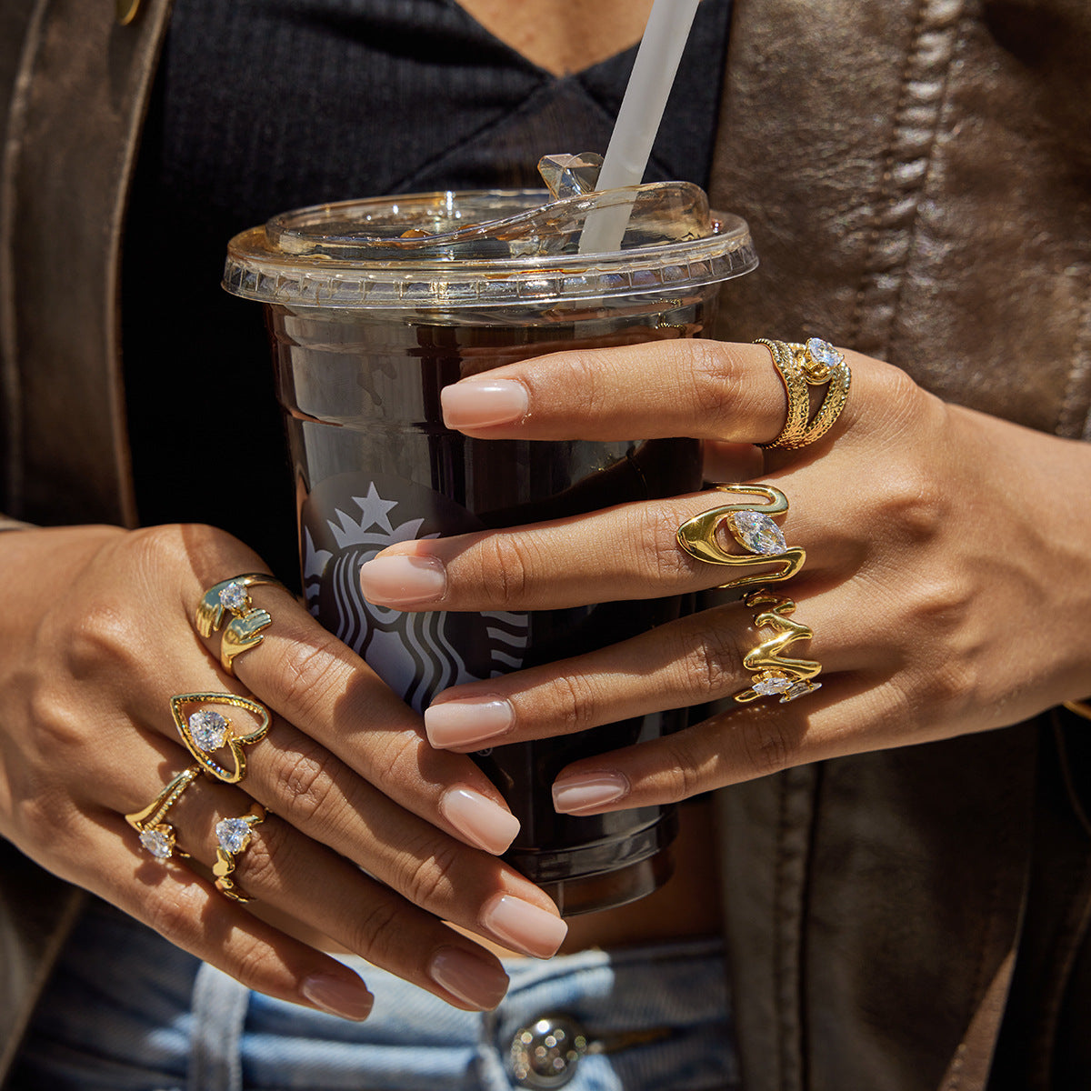 18k Gold Tone Crystal Ring Set - Bow/Heart/Letter/Arrow Designs | INS-Style Stackable Daily/Brunch Finger Jewelry for Women