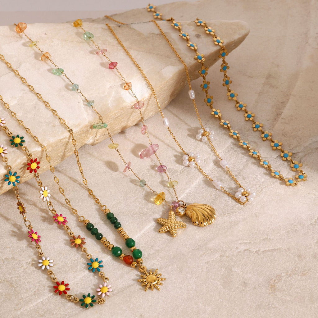Gold Layered Boho Necklaces Set - Flower/Colorful Gem/Starfish/Pearl Charms | Summer Casual Statement Jewelry for Women