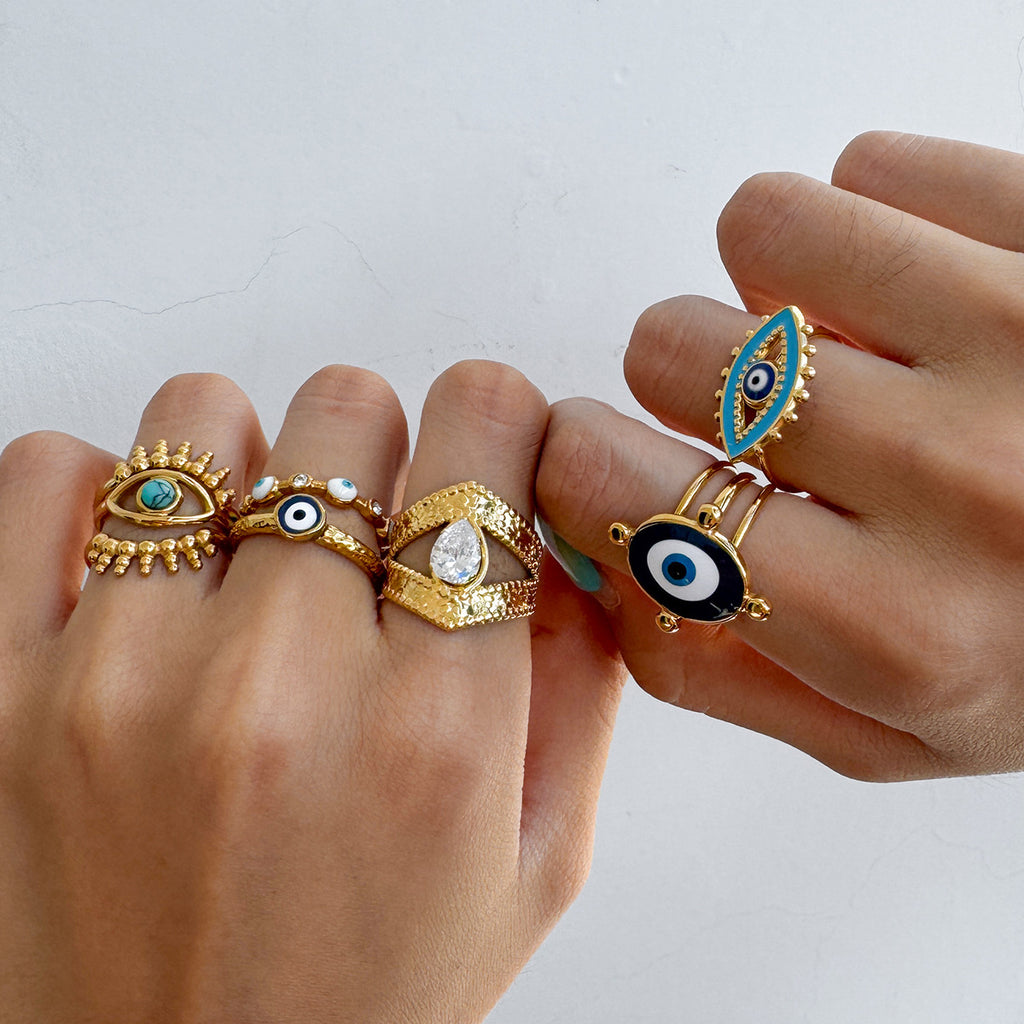18k Gold Tone Evil Eye Ring Set - Crystal/Colorful Eye Designs | INS-Style Stackable Daily/Brunch Finger Jewelry for Women