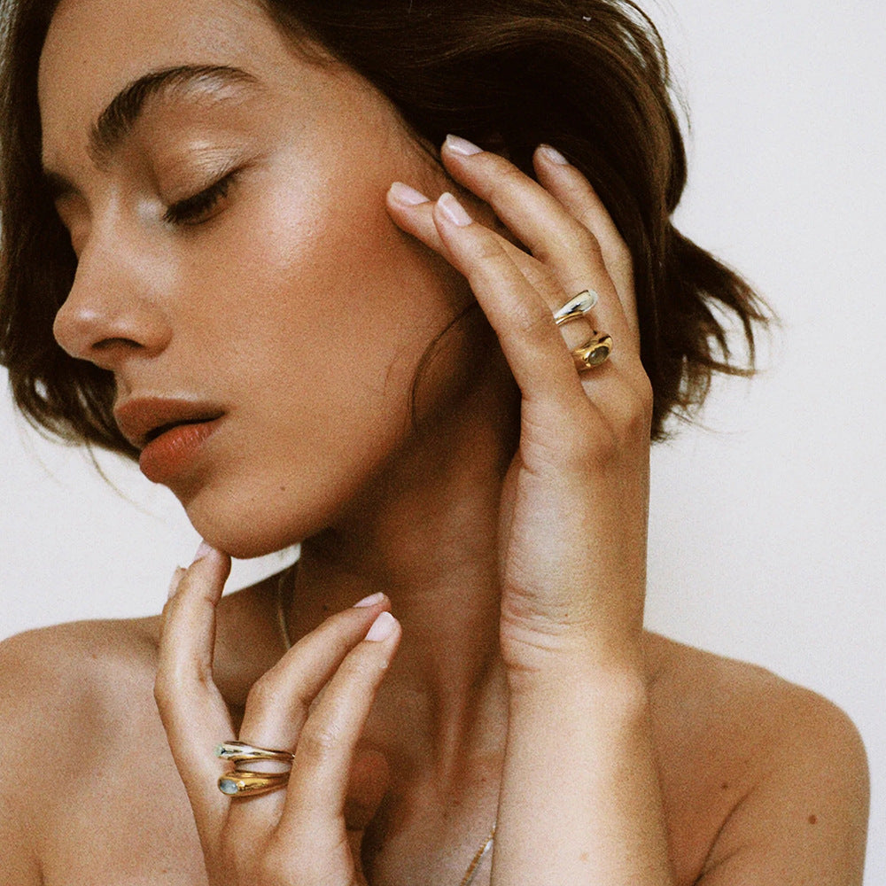 Gold & Silver Tone Gemstone Ring Set - Translucent Oval Stones | 18k INS-Style Minimalist Daily/Brunch Finger Jewelry for Women