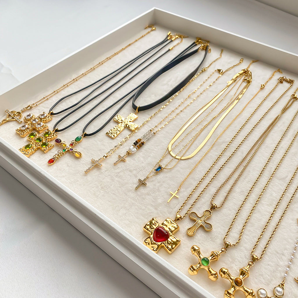 Gold Cross Necklace Set - Multi-Style Vintage Religious Statement Necklaces with Gemstones & CZ for Women