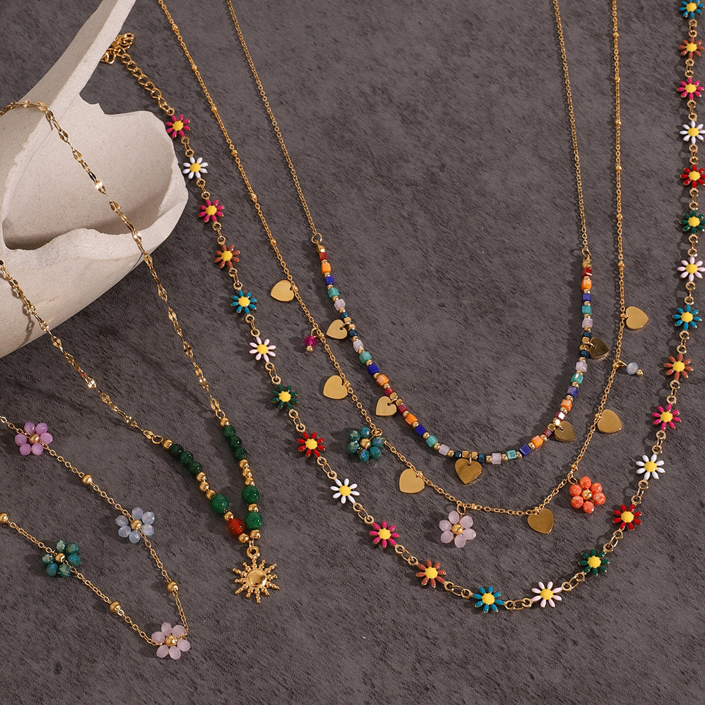 Gold Layered Boho Necklaces Set - Flower/Colorful Gem/Starfish/Pearl Charms | Summer Casual Statement Jewelry for Women