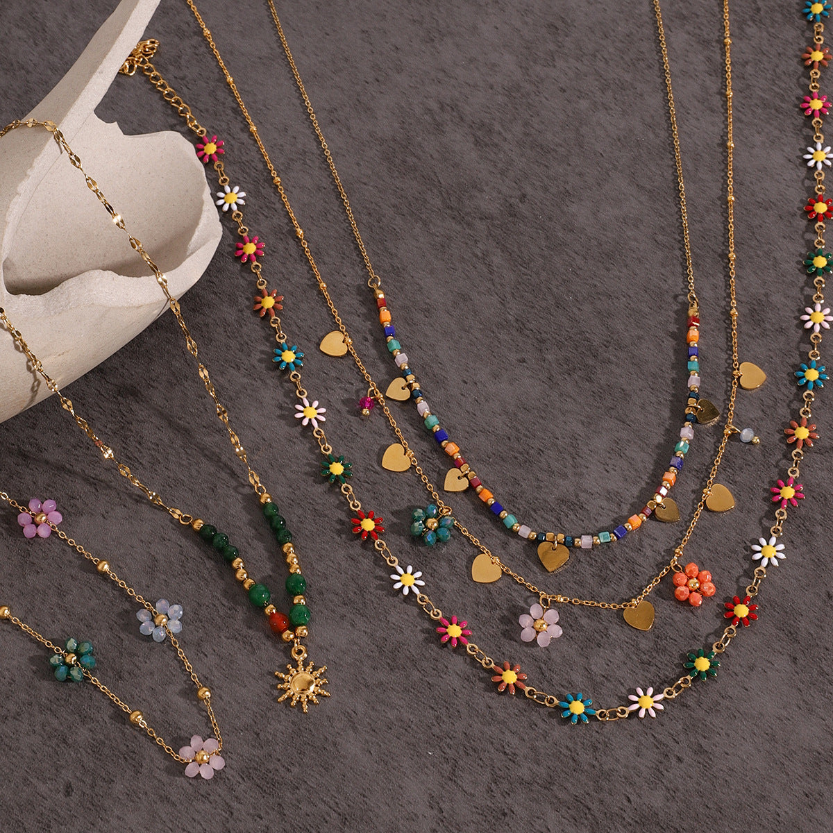 Gold Layered Boho Necklaces Set - Flower/Colorful Gem/Starfish/Pearl Charms | Summer Casual Statement Jewelry for Women