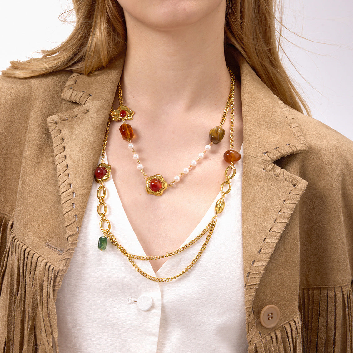 Gold Layered Retro Gem Necklace Set - Pearl/Heart/Leaf/Coin Charms | Vintage Luxury Statement Jewelry for Women (Daily/Party Wear)