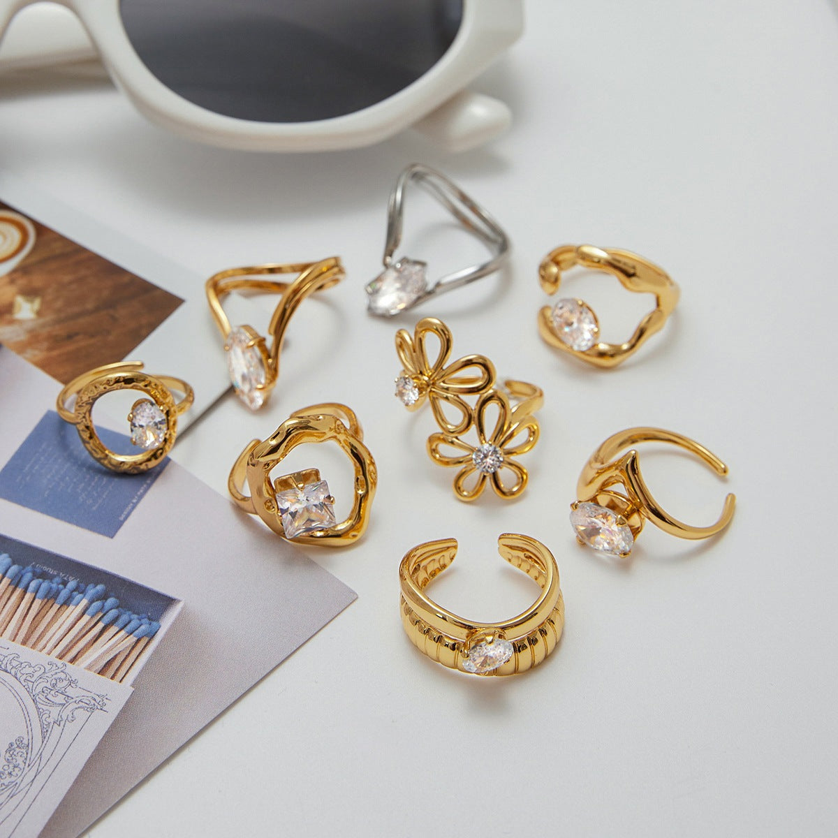 18k Gold/Silver Tone Crystal Ring Set - Snake/Bow/Irregular Designs | INS-Style Stackable Daily/Brunch Finger Jewelry for Women