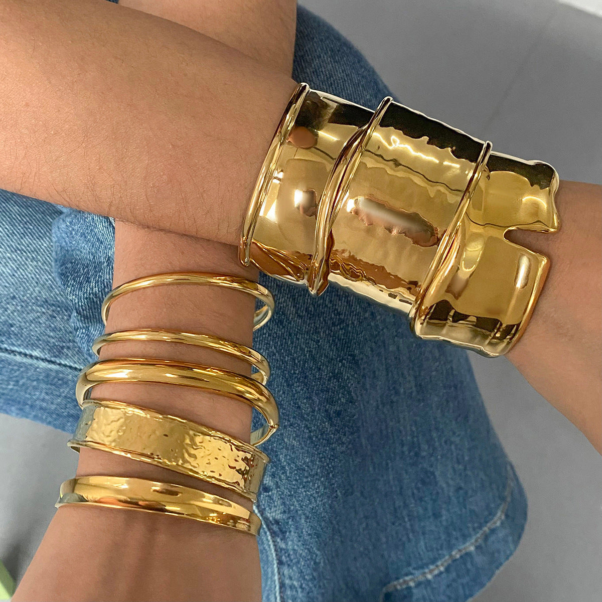 Gold Hammered & Glossy Bracelet Set - Stackable Bold Cuffs | INS-Style 18k Gold Tone Daily/Brunch Wrist Jewelry for Women