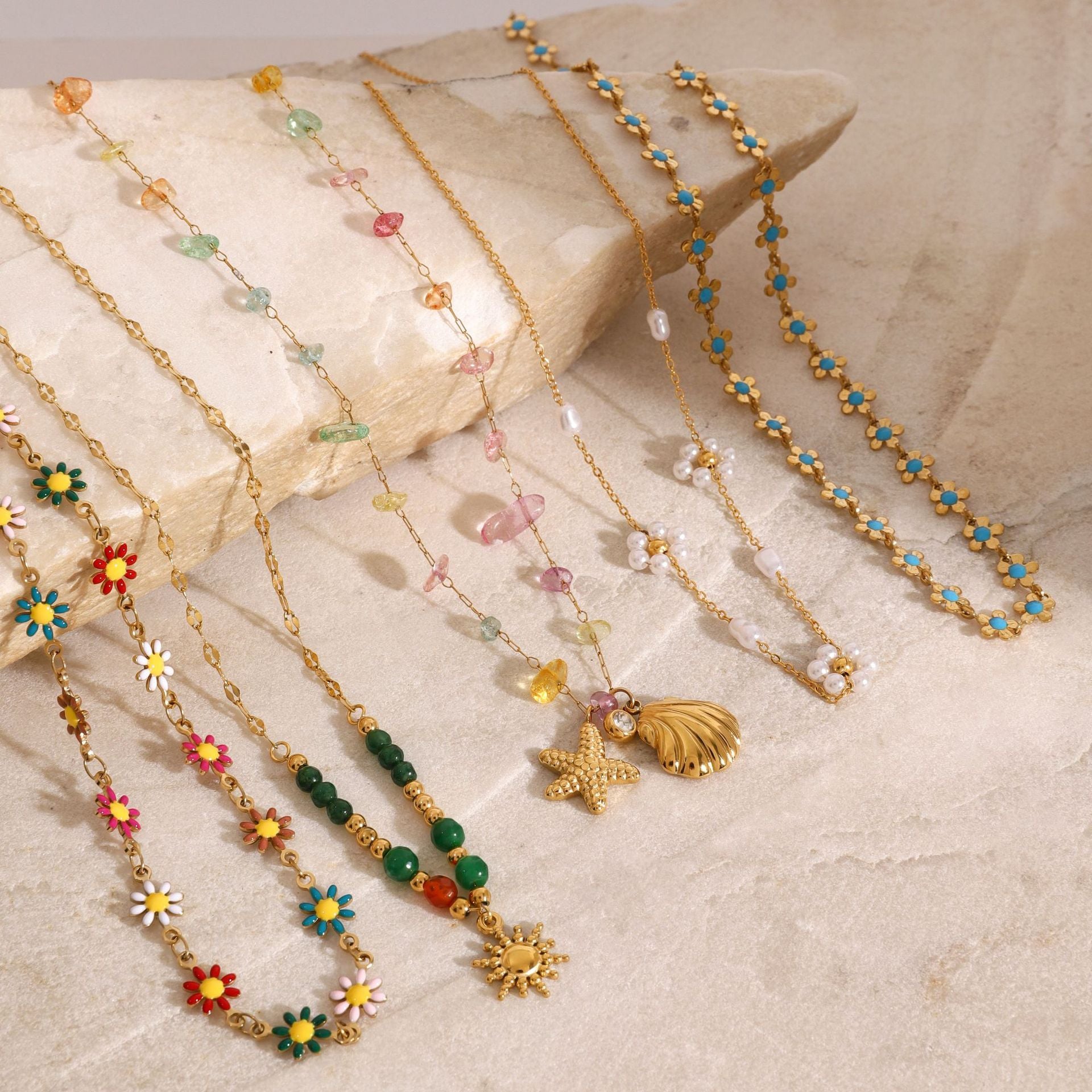 Gold Layered Boho Necklaces Set - Flower/Colorful Gem/Starfish/Pearl Charms | Summer Casual Statement Jewelry for Women