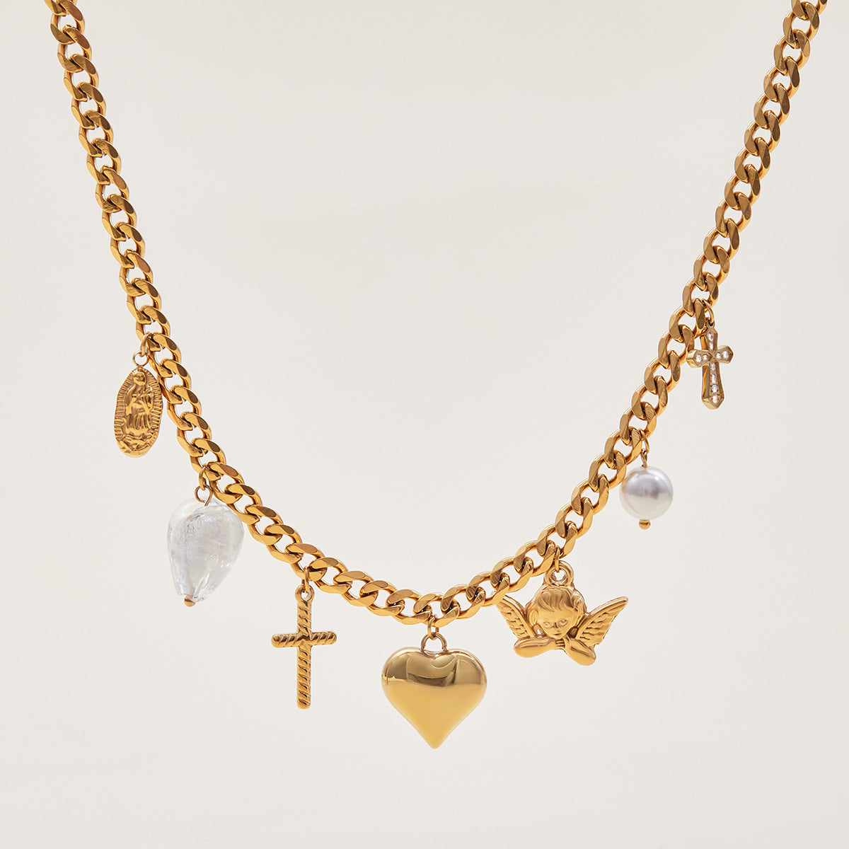 Gold Multi-Layer Pearl & Charm Necklace Set - Cross/Angel/Heart Pendants | Retro Boho Y2K Statement Neck Jewelry for Women (Daily/Brunch/Festival Wear)