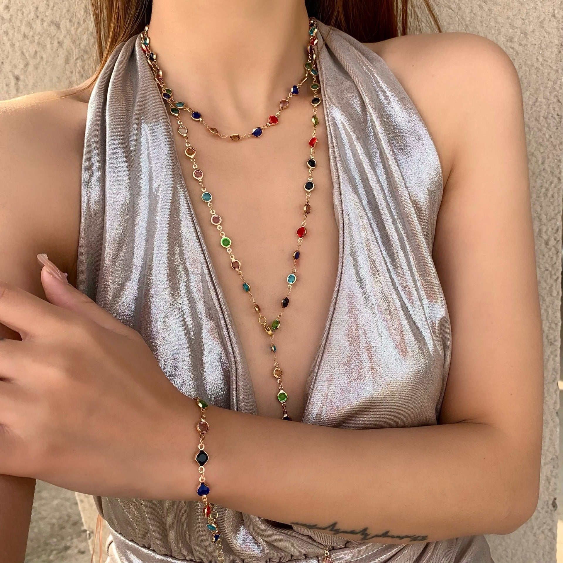 18k Gold Tone Multi-Layer Jewelry Set - Colorful Gem Necklace & Bracelet | INS-Style Daily/Brunch Accessories for Women