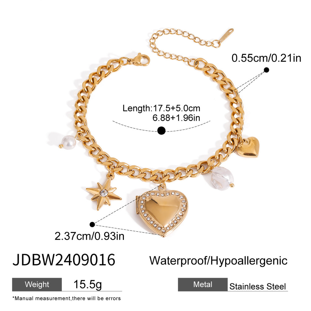 18k Gold Tone Heart Pendant Bracelet Set - Pearl/Star/Bow Charms | INS-Style Stackable Daily/Brunch Wrist Jewelry for Women