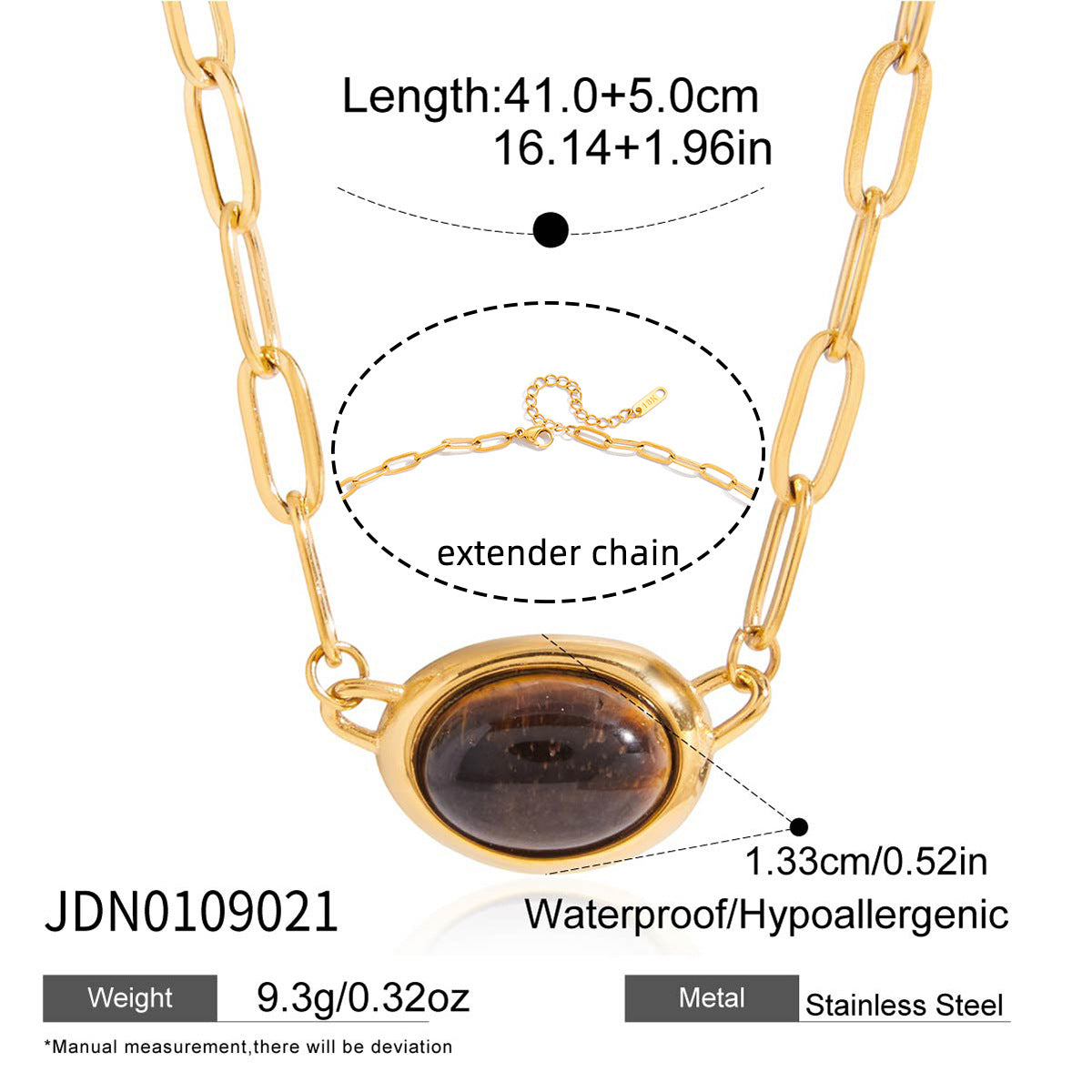 Gold Link Chain Choker Necklace with Oval Tiger Eye Gem Pendant - Elegant Minimalist Statement Jewelry for Women