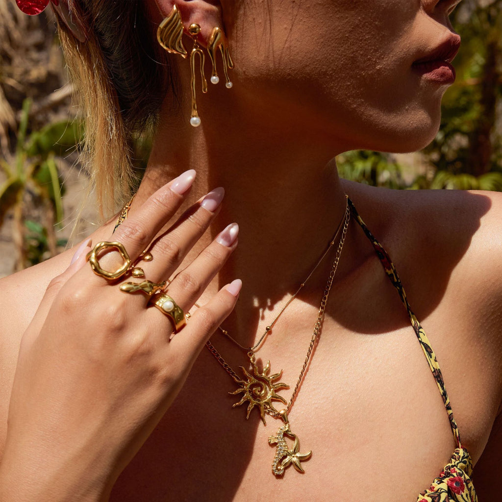 18k Gold Tone Ocean-Themed Jewelry Set - Seahorse/Starfish/Sun Pendants | INS-Style Necklace/Bracelet/Ring Daily/Brunch Accessories for Women 2. Google SEO Title