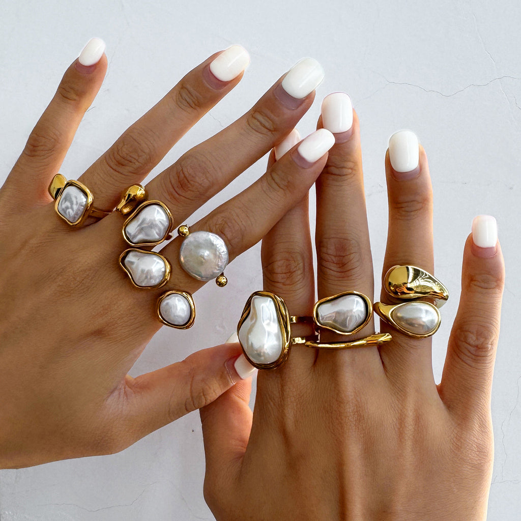 Gold Baroque Pearl Multi-Style Stackable Ring Set - Irregular Pearl (Open/Closed Band) Statement Jewelry for Women