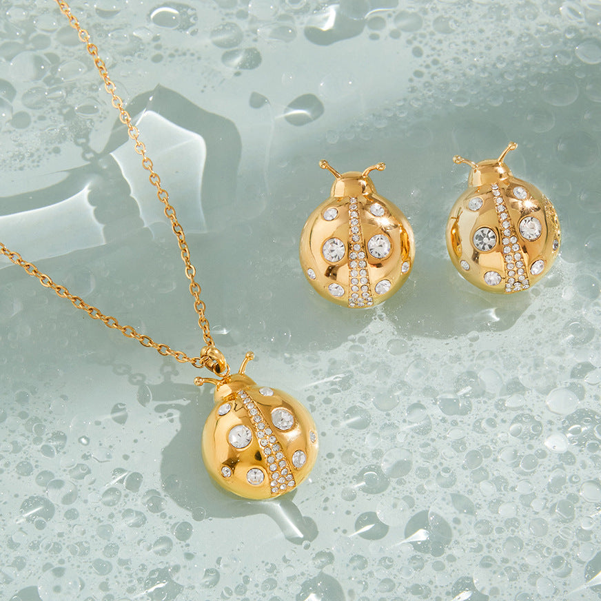 Gold Layered Necklace & Ladybug Earring Set - CZ Turquoise Statement Jewelry for Women