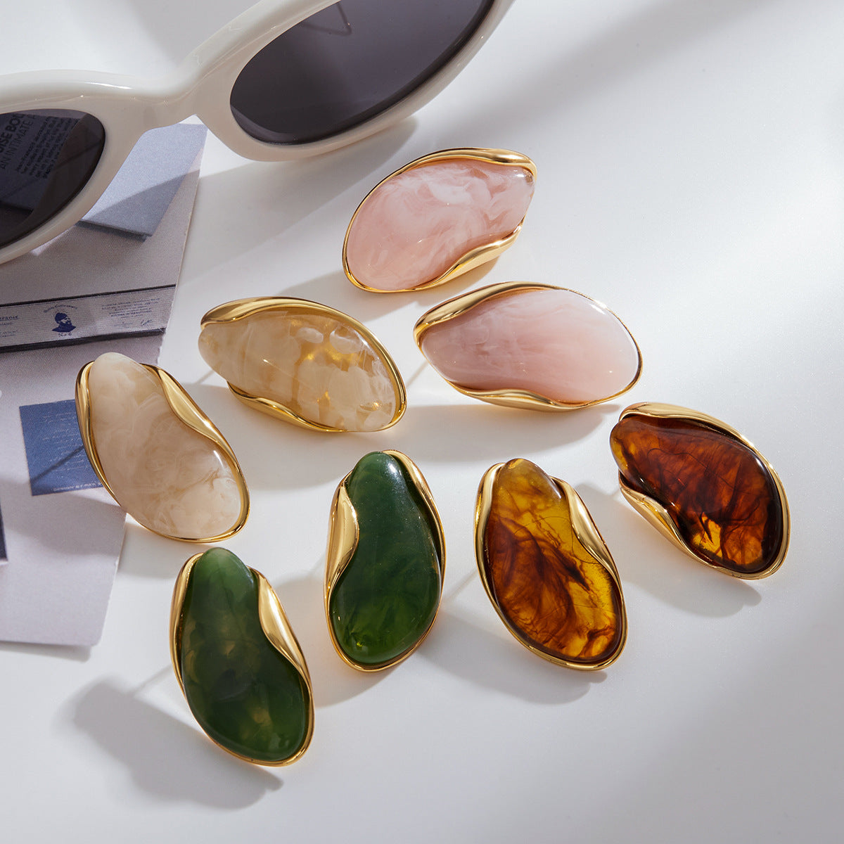 Gold Frame Irregular Gem Drop Earrings - White/Amber/Green/Pink Resin Stone Options | Retro Organic Statement Jewelry for Women (Daily/Brunch/Casual Wear)