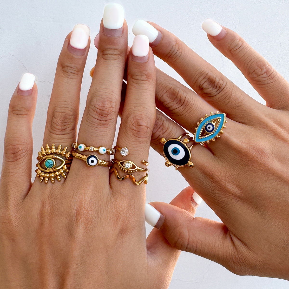 18k Gold Tone Evil Eye Ring Set - Crystal/Colorful Eye Designs | INS-Style Stackable Daily/Brunch Finger Jewelry for Women