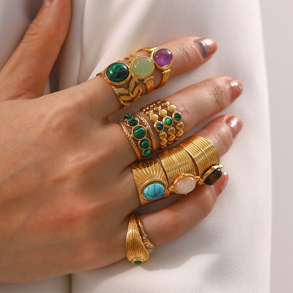Gold Gemstone Statement Ring Set - Turquoise/Malachite/Tiger Eye | Retro Boho Stackable Daily/Brunch Finger Jewelry for Women
