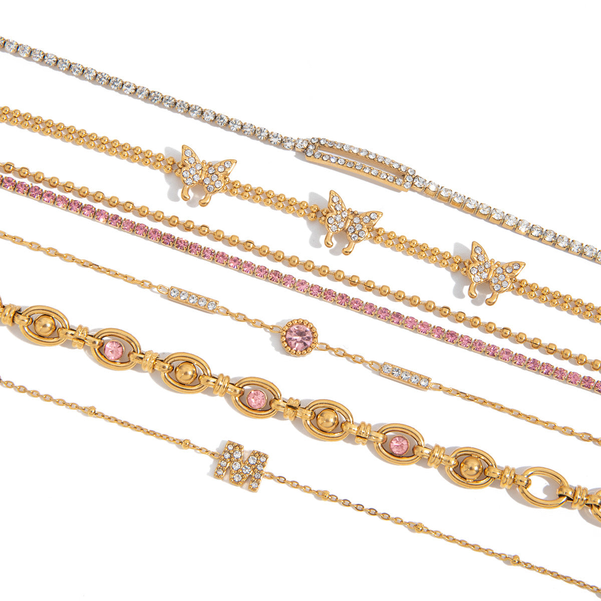Gold Multi-Layer Bracelet Set - Pink Gem & Butterfly Charm, Sparkly Rhinestone Accents | Glam Statement Wrist Stack for Women (Daily/Party/Casual Wear)