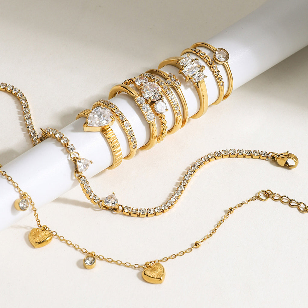 Gold CZ Ring Set - Multi-Style Sparkly Stackable Rings for Women