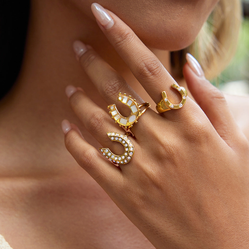 Gold Horseshoe Ring Set - Vintage Multi-Style Statement Rings with CZ & Mother-of-Pearl for Women