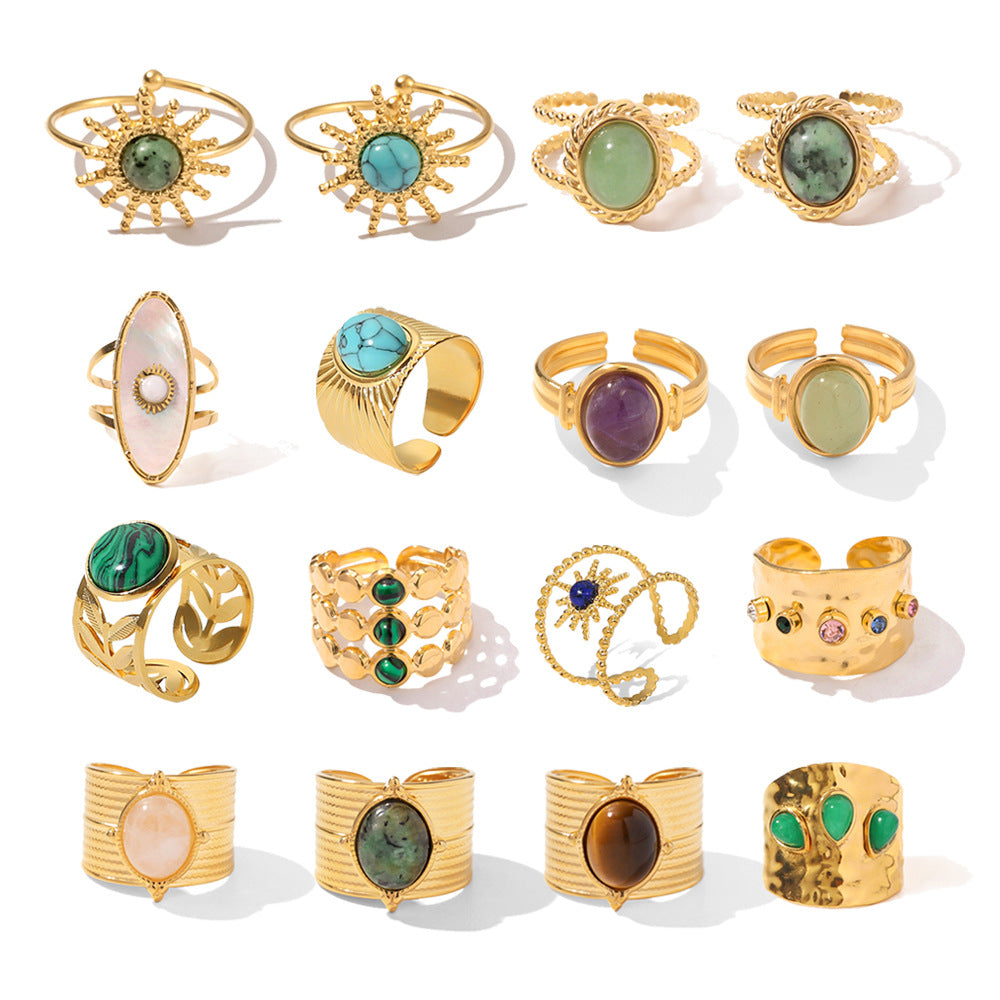 Gold Gemstone Statement Ring Set - Turquoise/Malachite/Tiger Eye | Retro Boho Stackable Daily/Brunch Finger Jewelry for Women