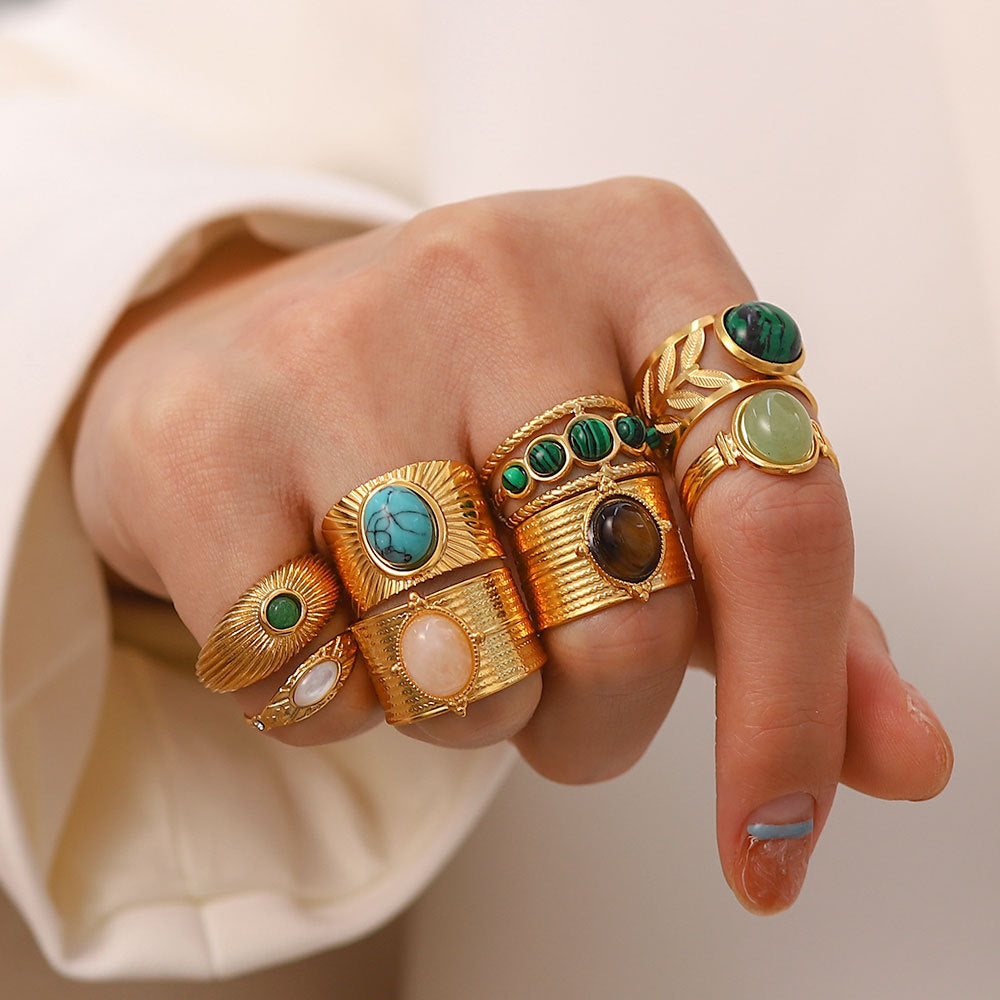 Gold Gemstone Statement Ring Set - Turquoise/Malachite/Tiger Eye | Retro Boho Stackable Daily/Brunch Finger Jewelry for Women