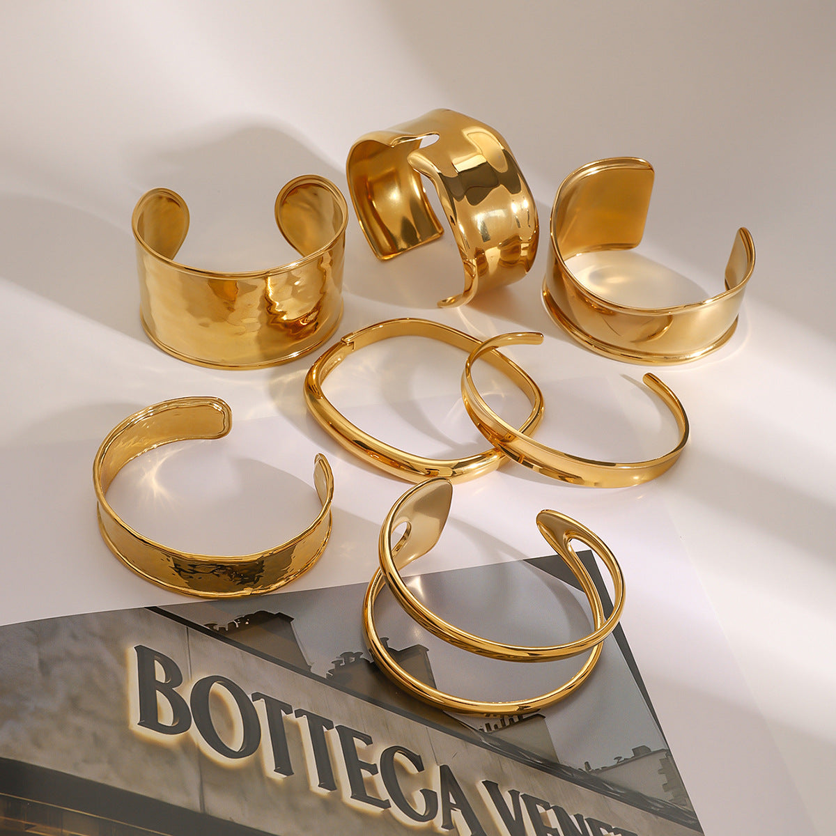 Gold Hammered & Glossy Bracelet Set - Stackable Bold Cuffs | INS-Style 18k Gold Tone Daily/Brunch Wrist Jewelry for Women