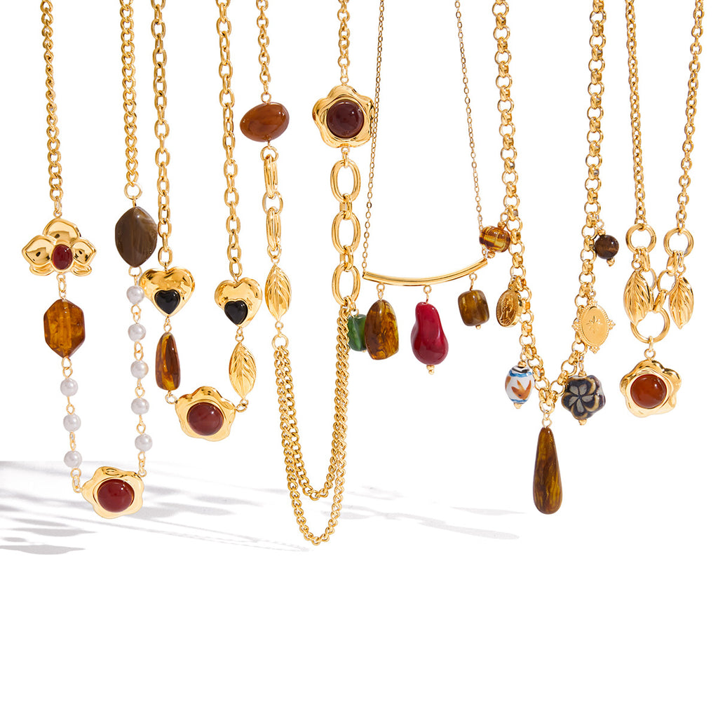 Gold Layered Retro Gem Necklace Set - Pearl/Heart/Leaf/Coin Charms | Vintage Luxury Statement Jewelry for Women (Daily/Party Wear)