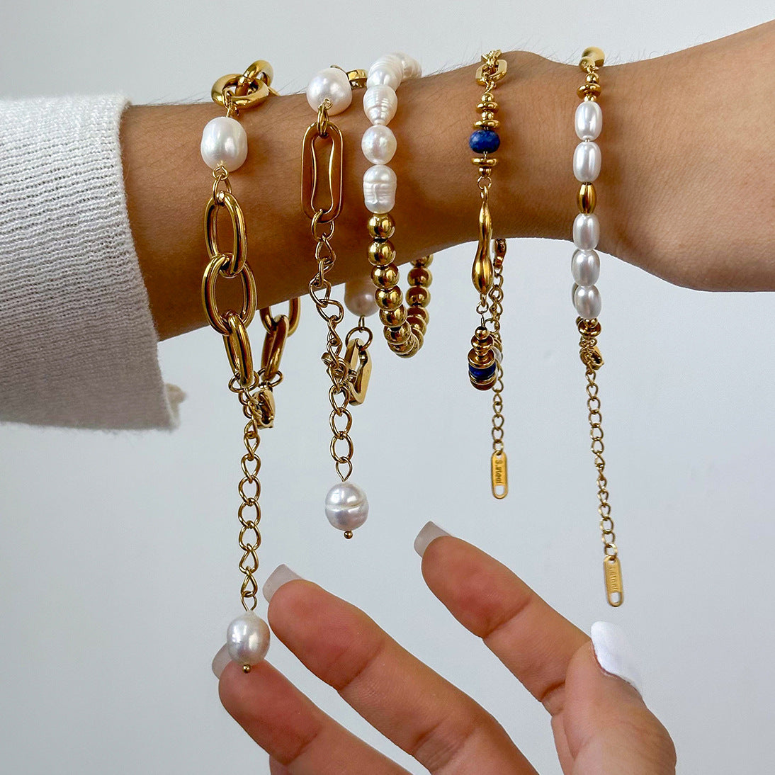 Baroque Pearl & Gold-Plated Stackable Bracelet Set | Lapis Lazuli Accent Chain Bracelets | Vintage Elegant INS-Style Jewelry for Women | Assorted Chunky & Dainty Designs for Daily Wear & Party Stacking