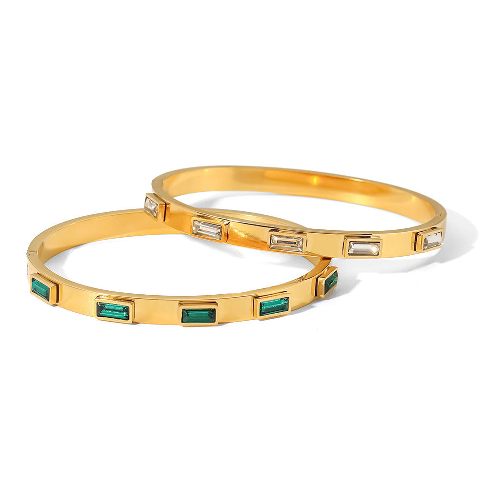 18K Gold-Plated Stainless Steel Stackable Bracelets Set | Trendy Emerald-Studded, CZ-Encrusted & Link Design Luxury Jewelry | Fashionable Daily Wear & Party Stacking Bracelets for Women