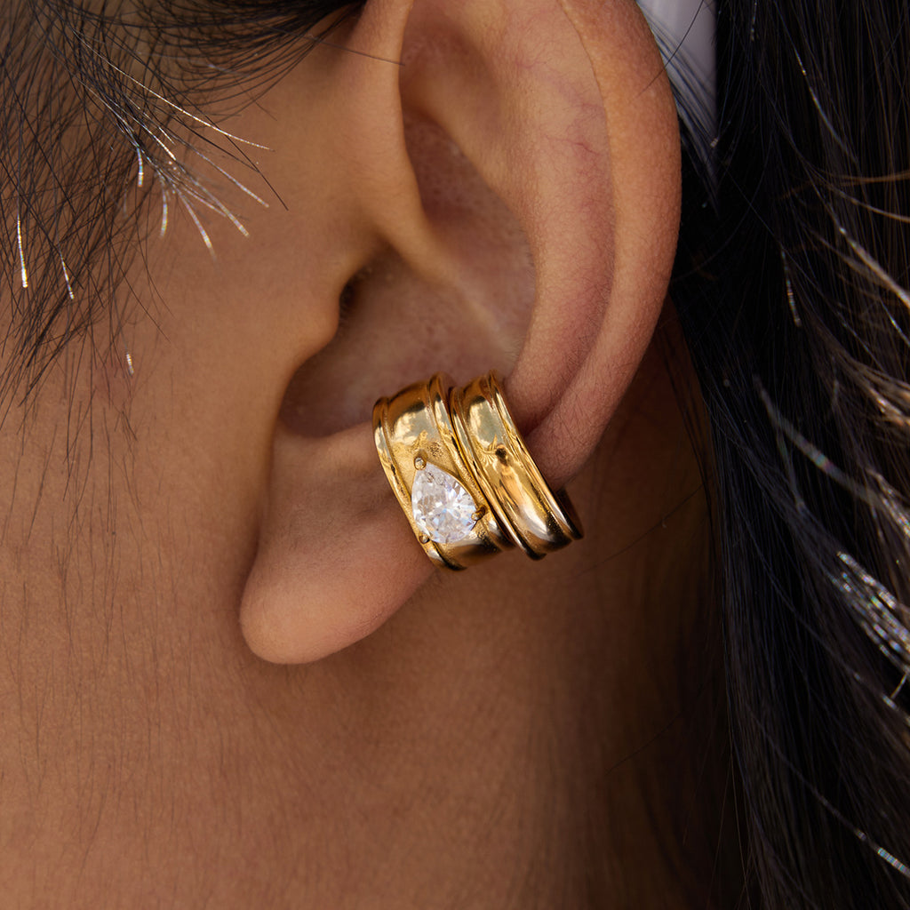 Gold Crystal Ear Set - Stone Cuff/Pear Huggies/Drop Studs | 18k Gold Tone INS-Style Daily/Brunch Ear Jewelry for Women