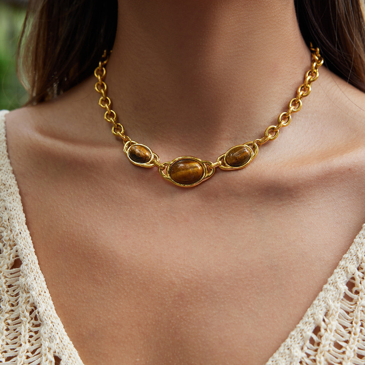 Gold Chunky Chain Choker Necklace with Tiger Eye Oval Accents - Vintage Statement Jewelry for Women