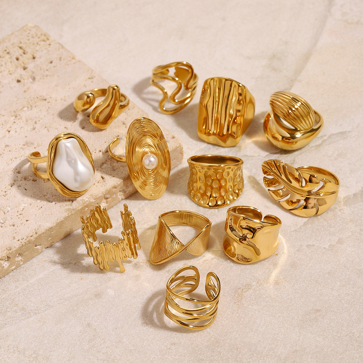 Artistic Gold Ring Set - Multi-Style Sculptural & Pearl Stackable Rings for Women