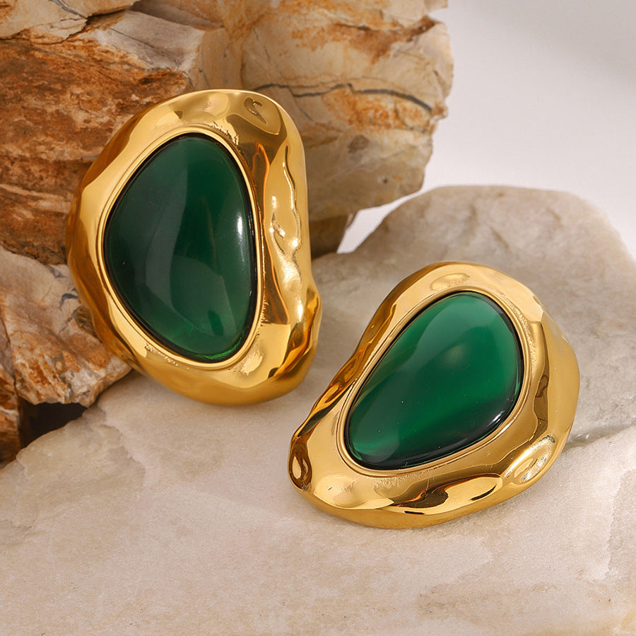 Gold Irregular Texture Emerald Stud Earrings - Bold Organic-Style Statement Jewelry for Women (Party/Formal/Casual Glam Wear)