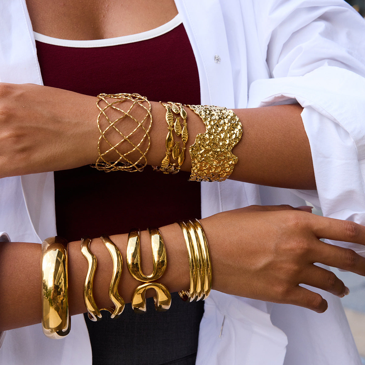 Gold Modern Bold Multi-Layer Bracelet & Necklace Set - Wave/Grid/Hammered Texture | Luxury Statement Wrist & Neck Jewelry for Women (Daily/Brunch/Party Wear)