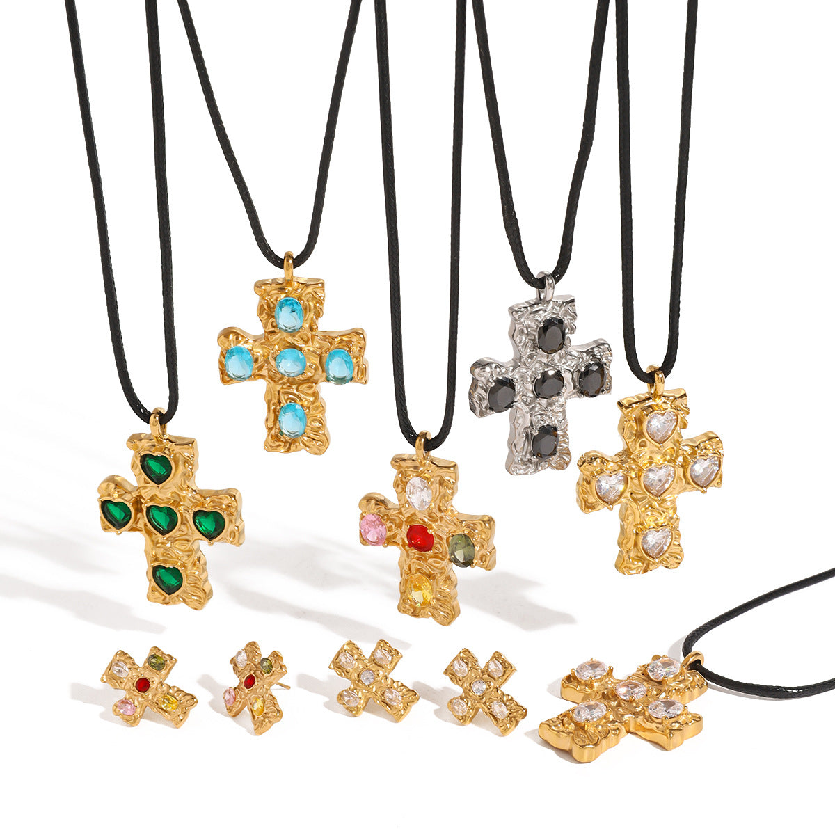 Gold Cross Necklace Set - Multi-Style Vintage Religious Statement Necklaces with Gemstones & CZ for Women