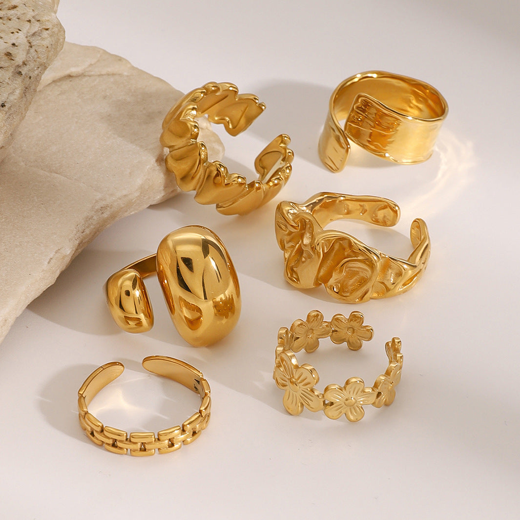 18k Gold Tone Stackable Ring Set - Floral/Irregular/Chain Designs | INS-Style Daily/Brunch Finger Jewelry for Women