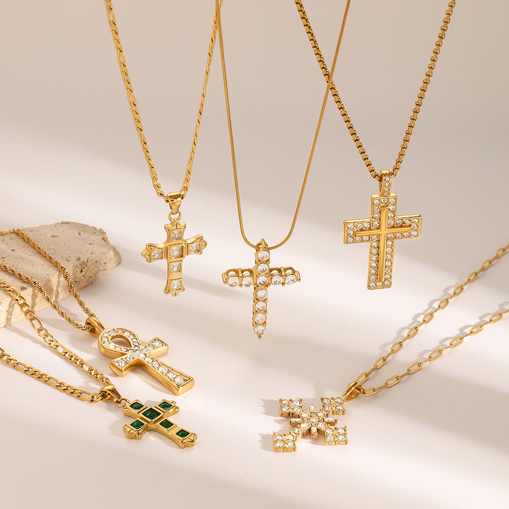 Gold Cross Necklace Set - Multi-Style Vintage Religious Statement Necklaces with Gemstones & CZ for Women